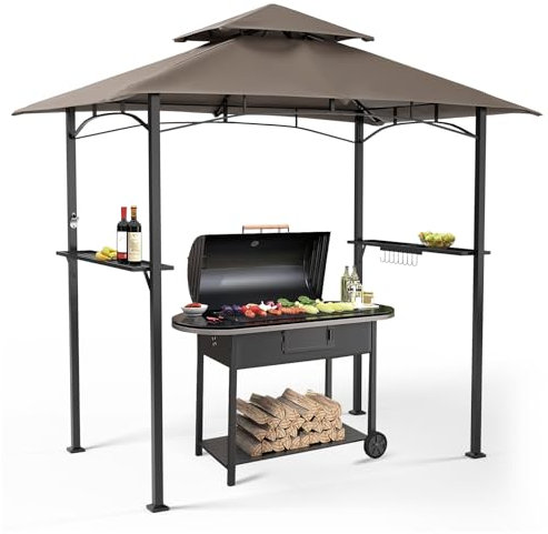SUNCROWN Outdoor Grill Gazebo 8 x 5, Patio Double Tiered BBQ Canopy w/Air Vent, Gazebo Canopy with 8 Hook Tools for Barbecue Picnic Garden, Backyard, Poolside -Brown