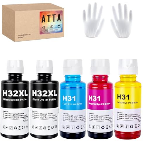 ATTA 31 32XL Ink Bottle Set Replacement for HP 32XL 31 Ink Work for Smart Tank 7301 7001 7602 5000 6001 5101 5102 Plus 651 551 455 457 450 All-in-One Ink-Tank (2 x 135ML 32XL Black, 70ML 31 Color)