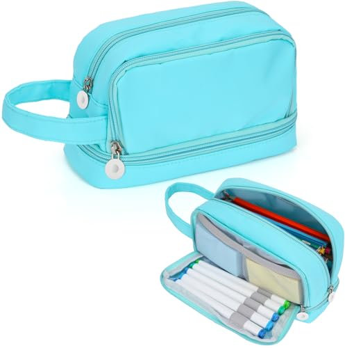 Alyvisun Large Capacity Pencil Case with 3 Compartments for Boys Girls, Desk Stationery Organizer Pencil Pouch with Handle, Portable Pencil Case for School Office Supplies (Blue)