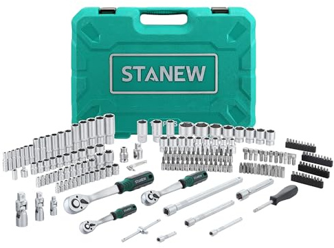 Stanew 192 Piece 1/4,1/2& 3/8 Drive Socket Wrench Set with Bits, Professional CR-V Mechanic Tool Set, 72 Teeth Quick Release Ratchets Wrench for DIY, Car Repair