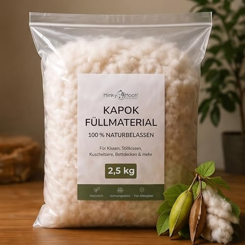 Minky Mooh® 2,5 kg Kapok Füllmaterial (Öko-Tex 100) vegan & 100% naturbelassen - Kapokwolle & Füllwatte für Allergiker - Atmungsaktive Kapokfaser Wolle für Füllung von Stillkissen, Kissen, Matratze
