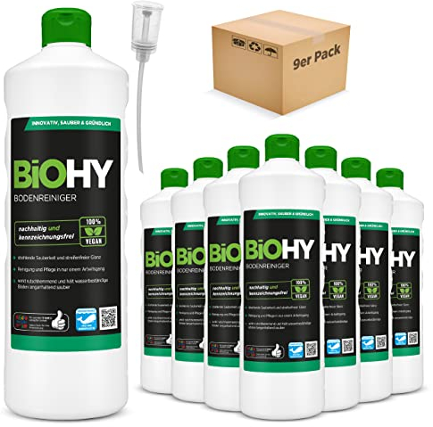 BiOHY Limpiador de suelo (9 botellas de 1 litro) + Dosificador | Concentrado para todos los aparatos de limpieza y todos los suelos duros (Bodenreiniger)