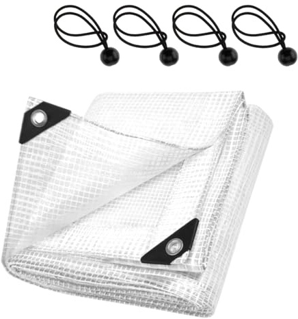 Clear Reinforced Heavy‑Duty Tarpaulin 100 GSM with 4 Ball Bungees - 6 x 10 m Leno Transparent Tarp Sheet with Mesh Support, Reinforced Edges - Waterproof, UV‑Resistant Cover for Camping, Greenhouse