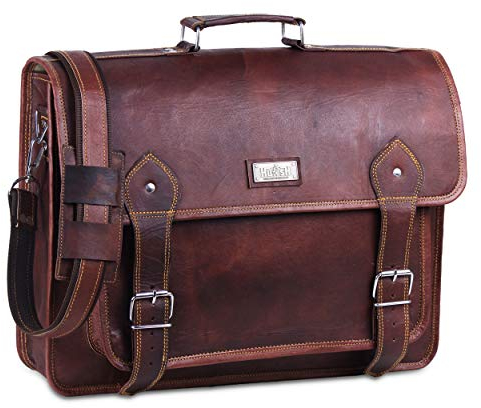 Hulsh Vintage Leather Briefcase for Men - Large Pocket Messenger Bag, 17 Inch Laptop Satchel, Genuine Brown With Rustic Look - Best for Gifts