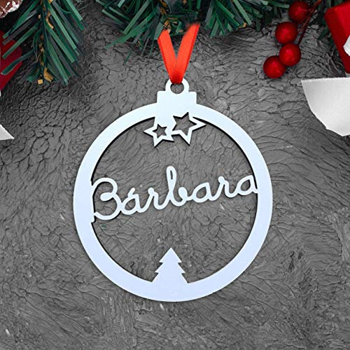 KARIVOO Bola para árbol de navidad personalizable cortada con nombre en Blanco ó Marrón DM, cordel incluido
