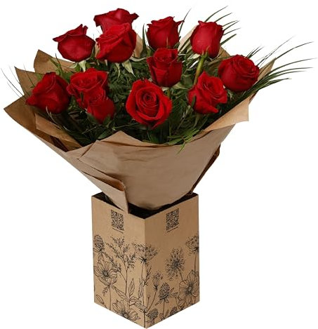 Red Romance Roses Bouquet of 12 Fresh Red Roses Vintage Floral Arrangement Indoor Gift for Wedding, Birthday, Anniversary, Get Well, Sympathy, Housewarming Occasion, Flowers Delivery