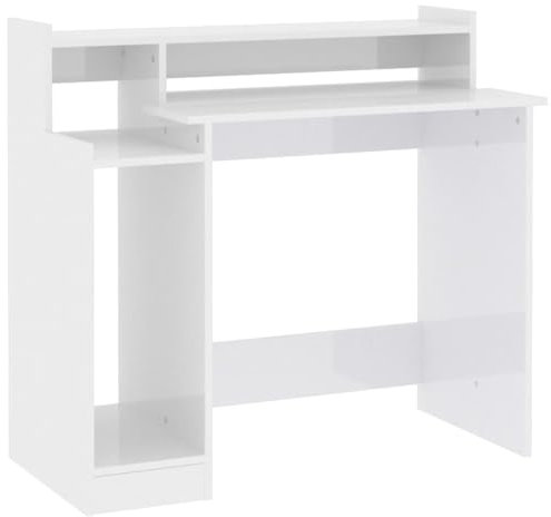 vidaXL Escritorio LED Mesa Ordenador Estudio Oficina Muebles Despacho Almacenamiento Estantería Hogar Madera Contrachapada Blanco Brillo