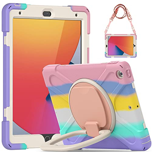 Gerutek Hülle für iPad 9./8./7. Generation 10,2 Zoll mit Displayschutzfolie, Stoßfeste Robust Panzerhülle mit Ringgriff, Drehständer, Schultergurt, Schutzhülle für iPad 10,2 2021/2020/2019, Bunt Rosa