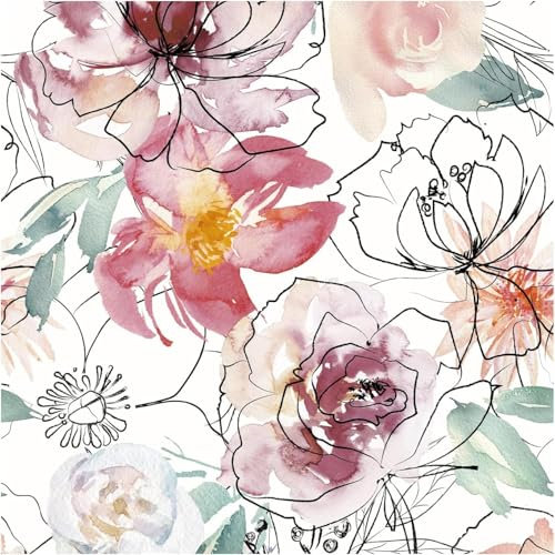 JiffDiff Papier peint floral à décoller et à coller - Pivoine rose - Papier peint floral pour chambre d'enfant - Blanc - 43,9 x 1099,8 cm