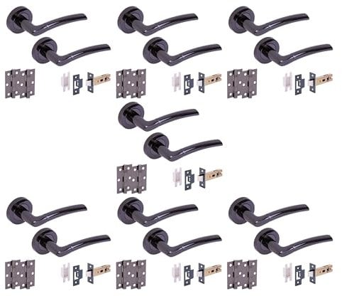 HANDLEZONE® 7 Sets Neemo Internal Door Handles on Rose Lever Latch Packs with Ball Bearing Hinges - Black Nickel