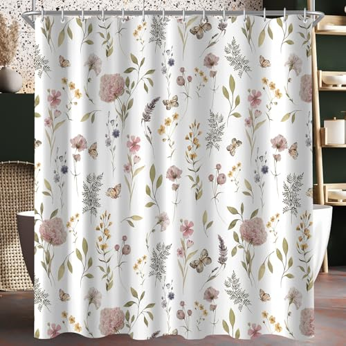 Lerores Duschvorhang 120x200cm Rosa Blume, Beschwerter Saum Antischimmel Textil, Wasserabweisend, Waschbar Polyester Stoff Badevorhänge für Badezimmer, Badewanne mit 8 Duschvorhangringe