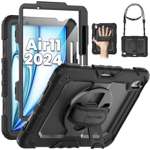 SEYMAC Coque pour iPad Air 11 Pouces M3/M2 (2025/2024), Coque pour iPad Air 7/6, Étui Antichoc avec Protecteur d'écran, Support Rotatif à 360° et Dragonne, Bandoulière, avec Porte-Stylo, Noir