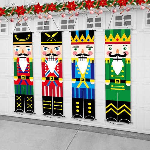 Justforjoyful 4PCS Nutcracker Christmas Decorations Nutcracker Door Banner Soldier Model Nutcracker Hanging Porch Sign Banner Xmas Backdrop for Wall Fireplace Holiday Party Garden Indoor Outdoor Decor