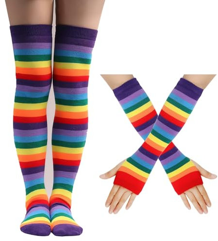 YUHUAKE Parigine Donna 4 Set di Calzini Arcobaleno Calze Alte Calze di Cotone Ginocchiere Calzini da Donna Guanti A Strisce -Bocca Viola N 2 4 Set-codice Medio