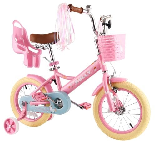 RULLY 12 Zoll Kinderfahrrad für 2 3 4 Jahre Mädchen mit Stützrädern & Handbremse vorne, Kinderfahrrad mit Korb, Fahrrad, Streamer, Kleinkinderfahrrad, Rosa