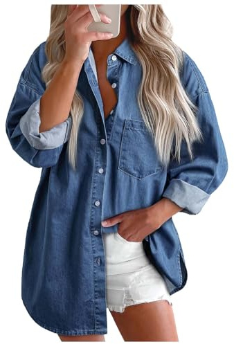 KBOPLEMQ Chemisier en Jean pour Femme - Blouse pour Femme - Chemises Western pour Femme - Tunique pour Femme - Manches Longues - Chemisier Décontracté Élégant pour Femme - Chemisier à Col Claudine