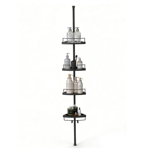 Sekey Duschregal Ohne Bohren Schwarz - Duschablage Teleskop mit 4 Körben, Höhenverstellbar 79-315 cm, Stabiler Stand & Eck-Design für Badezimmer