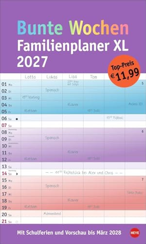 Bunte Wochen Familienplaner XL 2027: Familienkalender mit 6 Spalten. Praktischer Familien-Wandkalender mit Schulferien. Extra breiter Terminkalender.