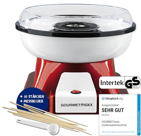 GOURMETmaxx Macchina per zucchero filato per la casa | L'originale rosso con 10 bastoncini e misurino in un nostalgico design retrò | Zucchero filato di altissima qualità per ogni occasione