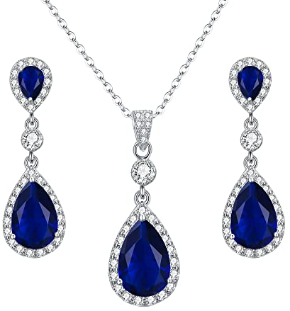 Clearine Cubic Zirconia Schmuckset Damen 925 Sterling Silber Hochzeit Braut mit Unendlichkeit Tropfen Anhänger Halskette Dangle Ohrringe Schmuck Set Blau