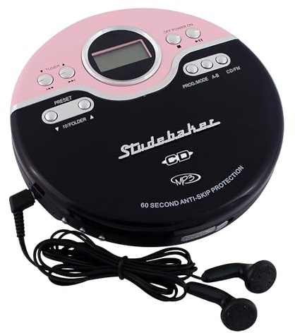 Studebaker SB3703PBB Retro joggingbar personlig CD-spelare med FM-radio, rosa, SB3703PBB CD-spelare, användarmanual, stereohörlurar, 3,5 mm uttag
