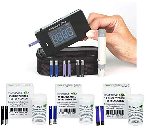 Lifetouch Multicheck PRO (Komplett-Set) mit 25 Blutzucker + 25 Harnsäure + 10 Cholesterol Testsensoren + Stechhilfe Varioclix + Lanzetten + Tasche ┇ Für Zuhause oder Arztpraxis