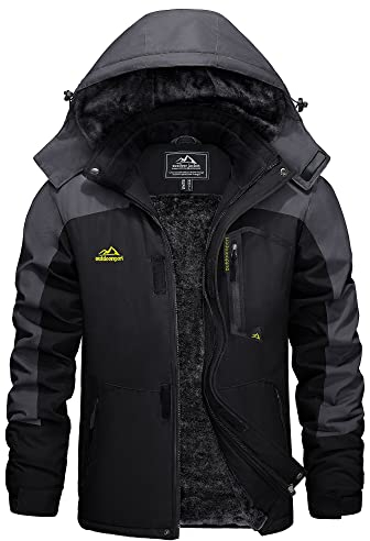 KEFITEVD Skijacke Herren Wasserdicht Atmungsaktiv Snowboardjacke Winter Warm Ski Jacke Herrenjacke Gefüttert Winterparka Snowboard Fleece Jacke mit Kapuze Schwarz-grau S