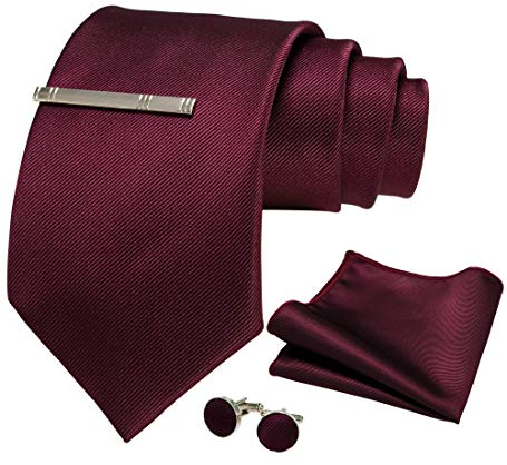 JEMYGINS Herren 9cm Breit Extra lang Krawatte und Einstecktuch Krawattenklammer Set Geeigneter Hochzeit Fest,kastanienbraun