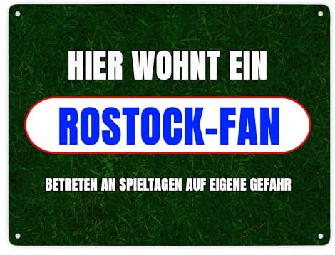 Hier wohnt ein Rostock-Fan Metallschild XXL in 28x38 cm mit Rasenmotiv Sportfan Rostock Sport Deutschland Kult Blechschild
