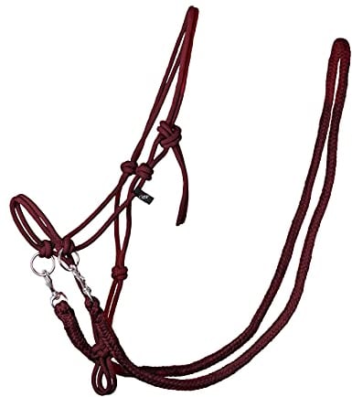 QHP Knotenhalfter mit Zügeln robustes 10 mm dickes Seil (Warmblut, Bordeauxrot)