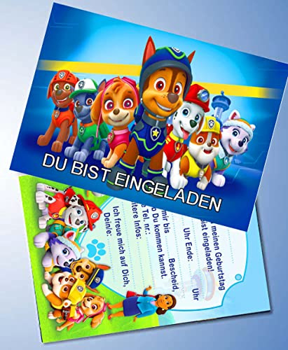 TV-24 12 Einladungskarten & 12 Umschläge für Geburtstag Partys und Kindergeburtstag kompatibel mit Paw Patrol Nr. 10