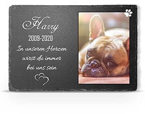 TULLUN Individueller Personalisiert Tiergrabstein Schiefer Gedenkstein für Hund, Katze und andere Haustiere - Größe 20 x 30 cm - Personalisiert Text und Foto