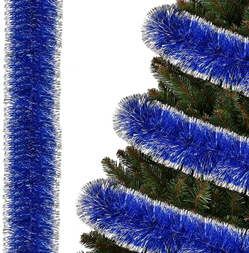 SPRINGOS Girlande für den Weihnachtsbaum dunkelblau-silberfarben 10 cm x 6 m Baumboa Weichnachtsgirlande Weihnachtsdeko zweifarbig