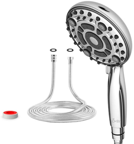 Lokby Shower Head and Hose Set 6 Settings - 1,5 m Stainless Steel Shower Hose - G1/2 Universal Connection - Shower Head High Pressure for Low Hard Water - Water Saving System - Up to 28% Less Water