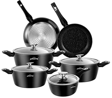 Topfset,HOMELUX Induktions Töpfe Set 10-Teilig,Aluminium Kochtopfset mit Glasdeckel, Antihaftbeschichtung Topfset Induktion, Kochtöpfe Set, Kochgeschirr (Schwarz)