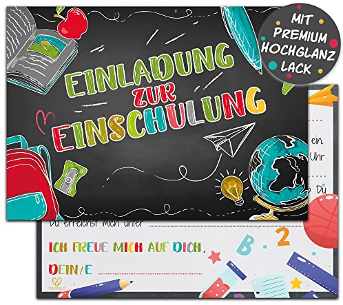 VOSVOLO Einschulung Einladungskarten | 12er Set Einladungen zum Schulanfang | DIN A6 Einladungskarten 1. Schultag für Jungen & Mädchen | 14,8 x 10,5cm | Schwarz Bunt