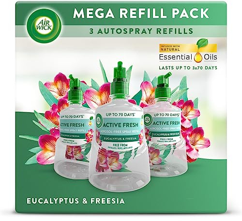 Air Wick Aerosol-Free Automatic Air Freshener Spray Refill Bundle, Eucalyptus & Freesia, Pack 3 x 228ml, 24x7 Active Fresh Odour Neutraliser, Lasts Up to 210 Days, Air freshener For Home