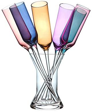 Relsy Ombre Metallic Coloured Glasses - Set of 6 Stylishly Coloured Baseless Party Glasses with Vase Holder - Perfect for Champagne, Wine, or Prosecco Parties & Social Events