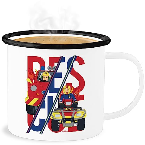 Emaille Becher Blechbecher - Feuerwehrmann Tasse - Rescue Sam Merkur Venus - 300 ml - Weiß Schwarz - feuerwerhman tassen feuerwhrmann feuetwehrmann feuwehrman fwuerwehrmann der feierwehrmann
