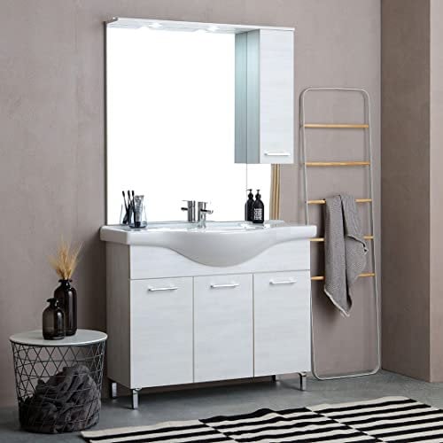 KIAMAMI VALENTINA Bodenstehender Badezimmerschrank 105cm 3 Türen Eiche weiß, Spiegel mit Oberschrank Rimini