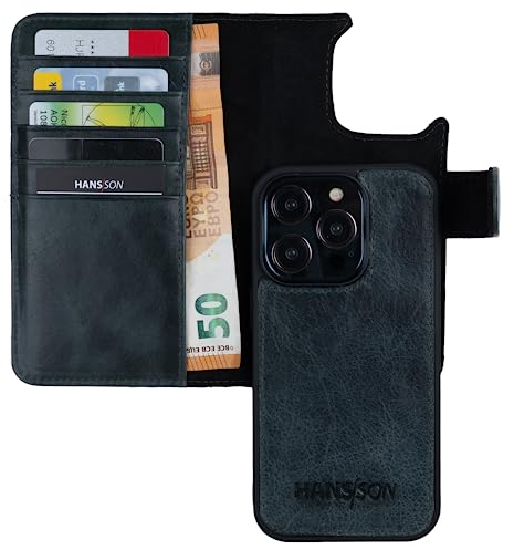 HANS/SON Echt-Leder-Handyhülle für iPhone 14 Pro – Schmale 2 in 1 Klapphülle mit Kreditkartenetui, Magsafe kompatibel, perfekte Passform, stoßfest, Standfunktion, 6,1 Zoll – Petrol