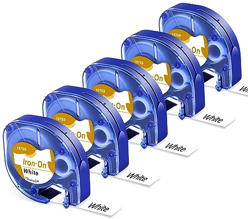 Wonfoucs Aufbügelbare Stoffetiketten Ersatz für Dymo LetraTag Bügeletiketten schwarz auf weiß 12 mm x 2 m Stoffetikettenband kompatibel mit DYMO LetraTag LT-100H LT-110T LT-200B XR, Packung mit 5