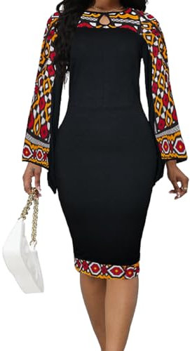 IbuduSexy Afrikanische Kleider für Damen, afrikanischer Tribal-Druck, Patchwork, afrikanische Kleidung, figurbetontes, Schwarz Rot, Klein