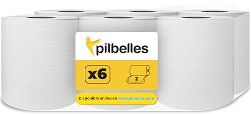 PILBELLES Bobina Papel Secamanos Mecha 6 Rollos Color Blanco | Rollos de Papel Secamanos Pasta Laminado, Extra Suave, Doble Capa