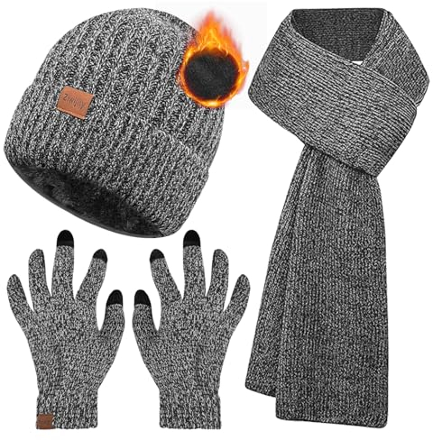 Ziwijity Schal Mütze und Touchscreen Handschuhe Set Für Herren Damen，Winter 3 In 1 Mütze Schal Handschuh Beanie Strickmütze Langer Schal Verdickte Und Weiche Wolle (Sisal grau)