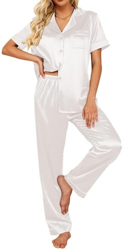 Ekouaer Pigiama Donna Manica Corta Pantaloni Lunghi Casual Scollo a V Top con Motivo a Bianco con Tasca Due Pezzi XL