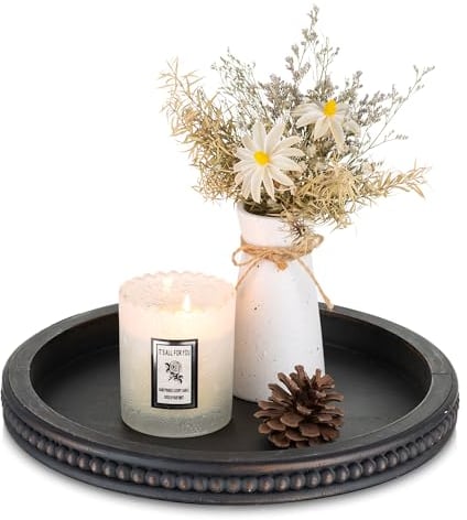 Hanobe - Bandeja decorativa redonda negra, con cuentas, para mesita, otomana, de madera, para centro de mesa, encimera de cocina, decoración del hogar y baño
