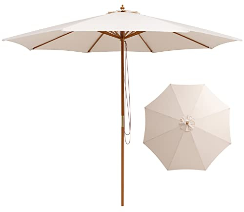 GOPLUS Sombrilla de Madera 300 cm, Sombrilla Jardín Exterior con Protección UV, Sombrilla de Playa Terraza Balcón, Portátil y Ligera, Beige, Base de Sombrilla no Incluida