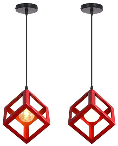 iDEGU 2 Stück Pendelleuchte, modern, Würfelform, Deckenleuchte, Lampenschirm im geometrischen Stil, aus Metall, E27, Hängeleuchte, für Schlafzimmer, Wohnzimmer, Restaurant – 16 cm, Rot