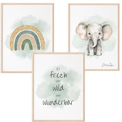 Mutzauber® 3er Set Poster Kinderzimmer A4 | Kinder Wandtattoo | Deko Babyzimmer Jungen Mädchen | Elefant Regenbogen frech wild wunderbar ohne Rahmen (grün, Elefant)